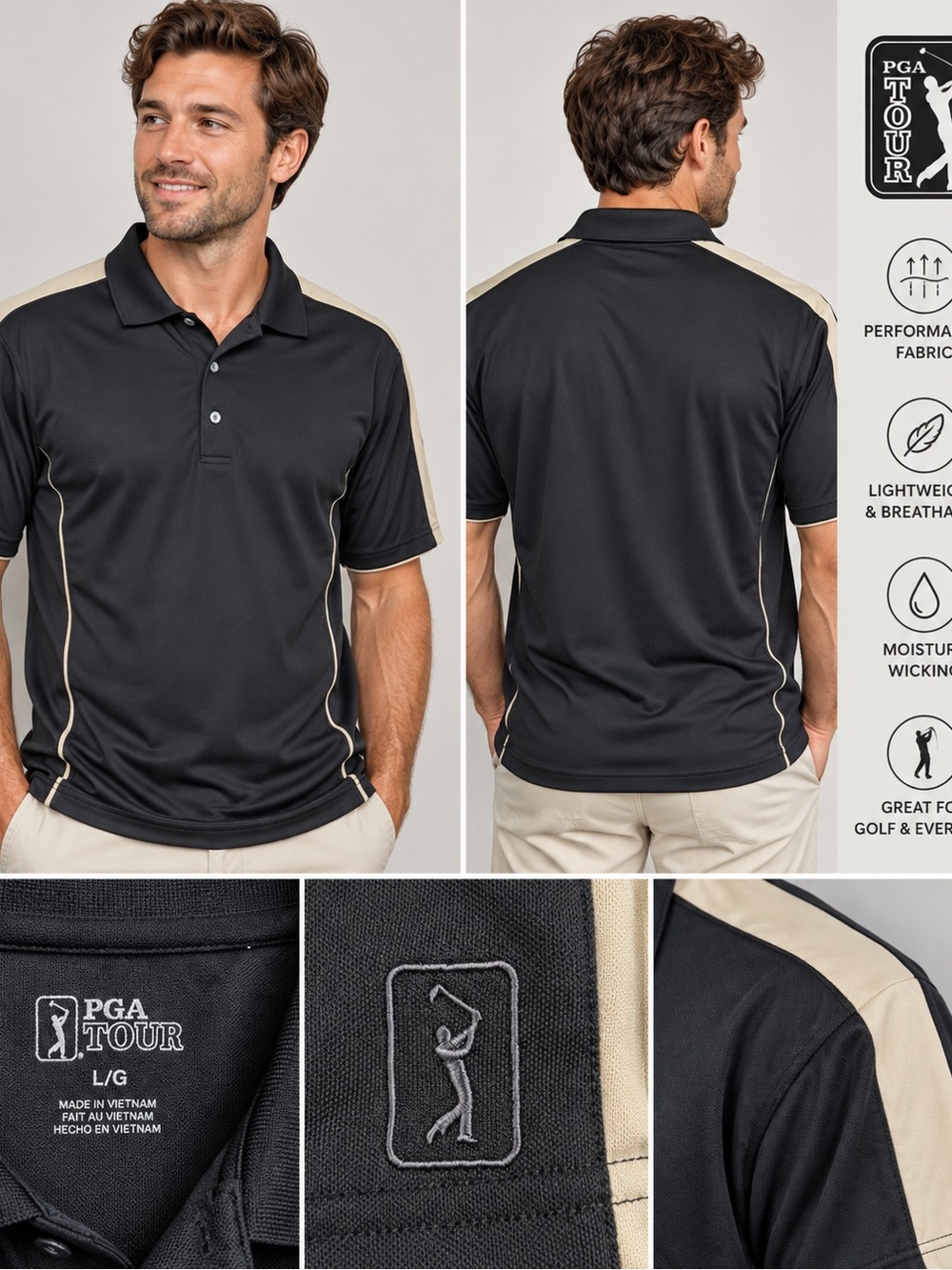 PGA TOUR Black Polo with Tan Contrast Trim